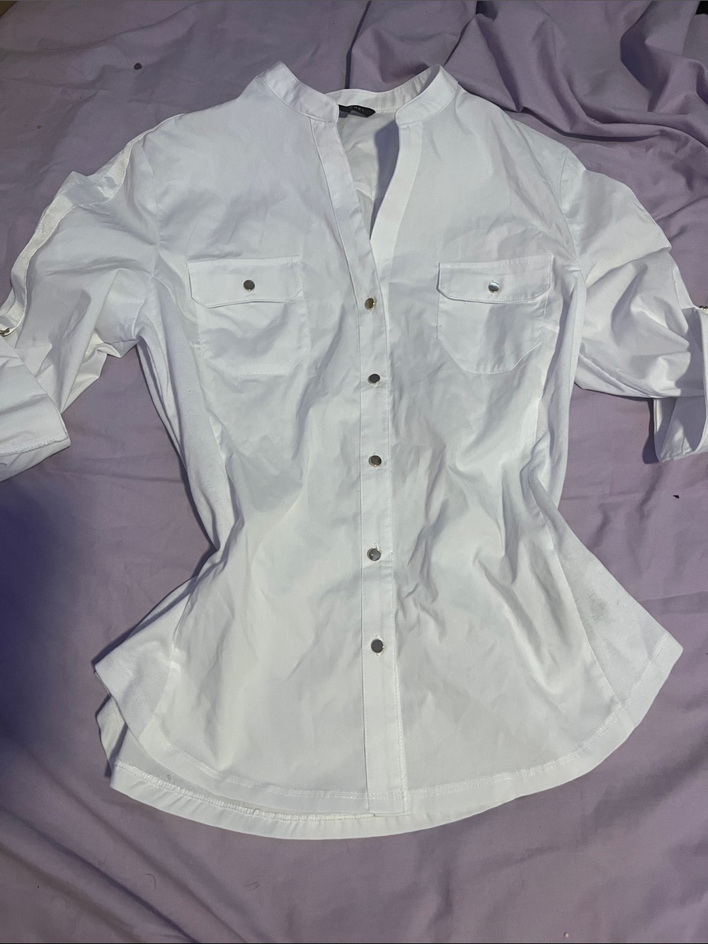 Women's White Button-Down Band Collar Shirt
